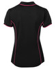 A black polo shirt with pink piping, featuring a fitted design and a collar. It includes a logo on the back.