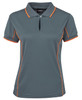 A grey polo shirt with orange piping, featuring a collar and a logo. Short sleeves and a sporty design.