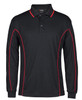 Long sleeve black polo shirt with red piping and a collar, featuring a logo on the chest.