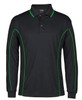 A long-sleeve black polo shirt with green piping and a branded logo on the collar.