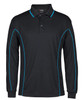 A black long-sleeve polo shirt with blue piping details and a collar. It features a logo on the chest.