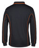 A black long-sleeve polo shirt featuring orange piping along the seams and a logo on the back.