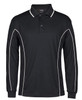 A black long-sleeve polo shirt featuring white piping and a collar, with a logo on the upper front.