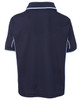 A navy polo shirt with white piping, featuring a collar and short sleeves, designed for kids.