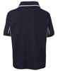 A navy polo shirt with white piping, featuring a collared neck and short sleeves, showing the back view.