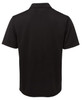 A black polo shirt featuring a classic collar and short sleeves, with a logo on the back.