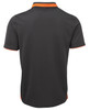 A grey polo shirt with orange accents and a logo on the back.