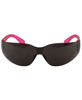 Sunglasses with a black frame and pink arms, featuring a dark lens. Includes a branding logo.