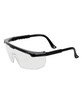 Clear safety glasses with a black frame, featuring a sleek design and a logo on the side. Pack of 12.