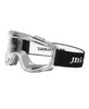 A clear antifog goggle with a black adjustable strap, featuring a logo on the band.