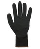 A black nitrile glove with a breathable design, featuring a fitted wrist and smooth surface.