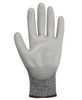 A white cut-resistant glove with a grey knitted wrist cuff. The glove has a textured surface and a branding logo.