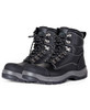 A pair of black lace-up safety boots featuring a sturdy design and metallic eyelets, with a logo on the side.