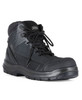 A safety boot in black and grey with a textured design, features laces and a protective toe cap.