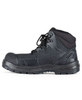 A safety boot in black and grey with a rugged design, featuring a lace-up front and padded collar.