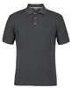 A dark grey polo shirt featuring a collar and three-button placket, with a logo on the chest.