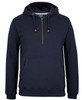 A navy blue 1/2 zip hoodie featuring a front pocket and a drawstring hood, with a logo on the label.