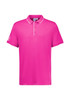 A pink short sleeve polo shirt with a collar and a logo on one sleeve.