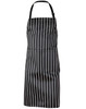 A black and white striped butcher's apron with a neck strap, featuring a logo.