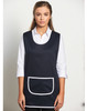 A navy ladies' smock with a white trim and a front pocket, worn over a white collared shirt.