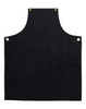 A black canvas bib apron featuring a front pocket and brass eyelets. It has a simple, sleek design.