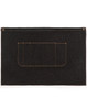 Denim half apron in dark blue with an orange-stitched pocket and a button closure. Features a logo on one side.