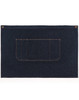 A denim half apron in dark blue, featuring a front pocket and two brass buttons.