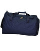 A navy blue duffle bag with a zippered opening, sturdy handles, and a side mesh pocket.