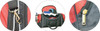A black and red duffle bag with a zipper, inside are clothes and a drink bottle. The bag features a logo.