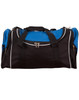 A black and blue duffle bag with a zippered main compartment and side pockets, featuring sturdy handles.