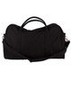 A black cotton canvas sports bag featuring dual handles and an adjustable shoulder strap. It has a logo on the front.