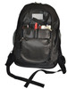 A black executive backpack featuring multiple compartments, including pockets for pens and a phone.