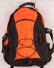 An orange and black backpack with adjustable straps and a branded logo. Features a mesh pocket and bungee cord detailing.