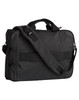 A grey laptop bag with a sturdy handle and adjustable shoulder strap, featuring a logo.