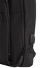 A black heather backpack featuring zippers and a side pocket, with a logo visible on the surface.