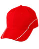 A vibrant red cap featuring contrast piping and ventilation holes, with a branded logo.