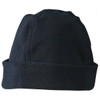 A polar fleece beanie in black, featuring a fold-up brim and a seamless top design. It has a logo.