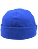 A blue polar fleece beanie with a simple, rounded design and a folded cuff. It features a logo on the side.