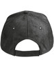 A black heather cap featuring a classic adjustable back and eyelets for ventilation. It has a branding logo.