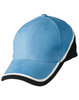 A blue and black cap with white trim and a logo on the front.