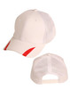 A white cap with red trim, featuring mesh panels and an adjustable back strap. It has a logo on the side.