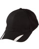 A black cap with a mesh back and white trim detailing, featuring a logo branding.