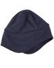 A navy blue polar beanie with ear covers, made from soft fleece material. It has a simple design and includes a logo.