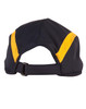 A navy cap with yellow stripes and a logo on the back, featuring a buckle for adjustment.