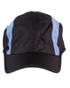 A black and light blue foldable cap with a sleek design and a logo on the front.