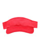 A bright red sandwich visor with a wide brim and adjustable band, featuring a logo on the front.