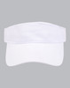 A white visor with a wide brim and adjustable strap, featuring a logo on the front.