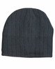 A dark grey cable knit beanie featuring a fleece headband, showcasing a textured ribbed design and a logo.