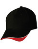 A black cap with a red accent on the visor, featuring a logo on the front.