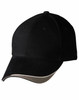 A black cap with a curved brim, featuring a logo and contrasting trim along the edge.